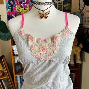 American Eagle Outfitters Gray Camisole with Pink Embroidery
